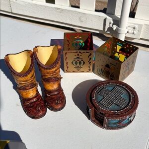 Home Interiors Rustic Boot and Lantern Decor Set - Brown and Gold